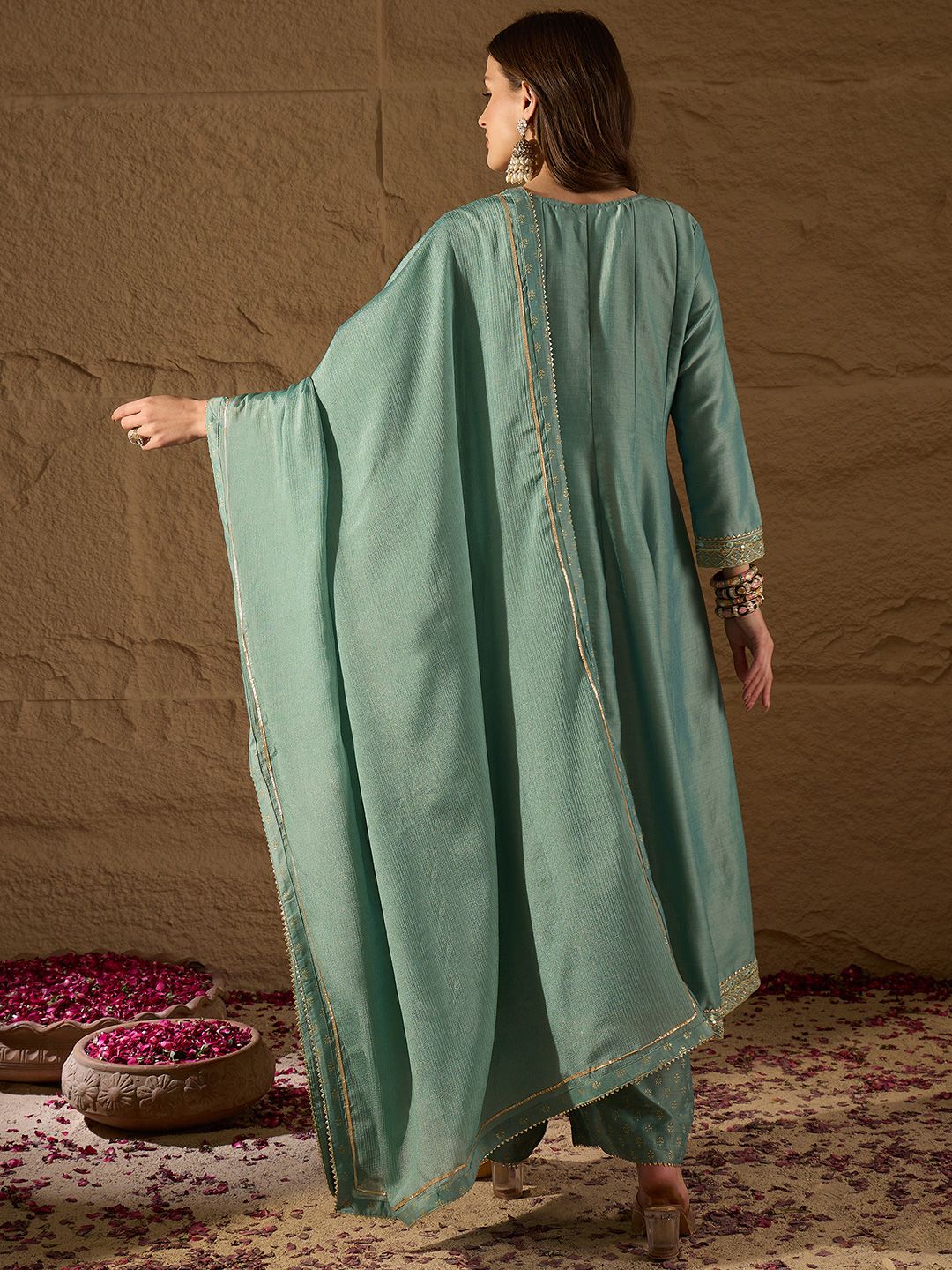 KALINI Ethnic Motifs Embroidered Panelled Kurta with Palazzos & With Dupatta