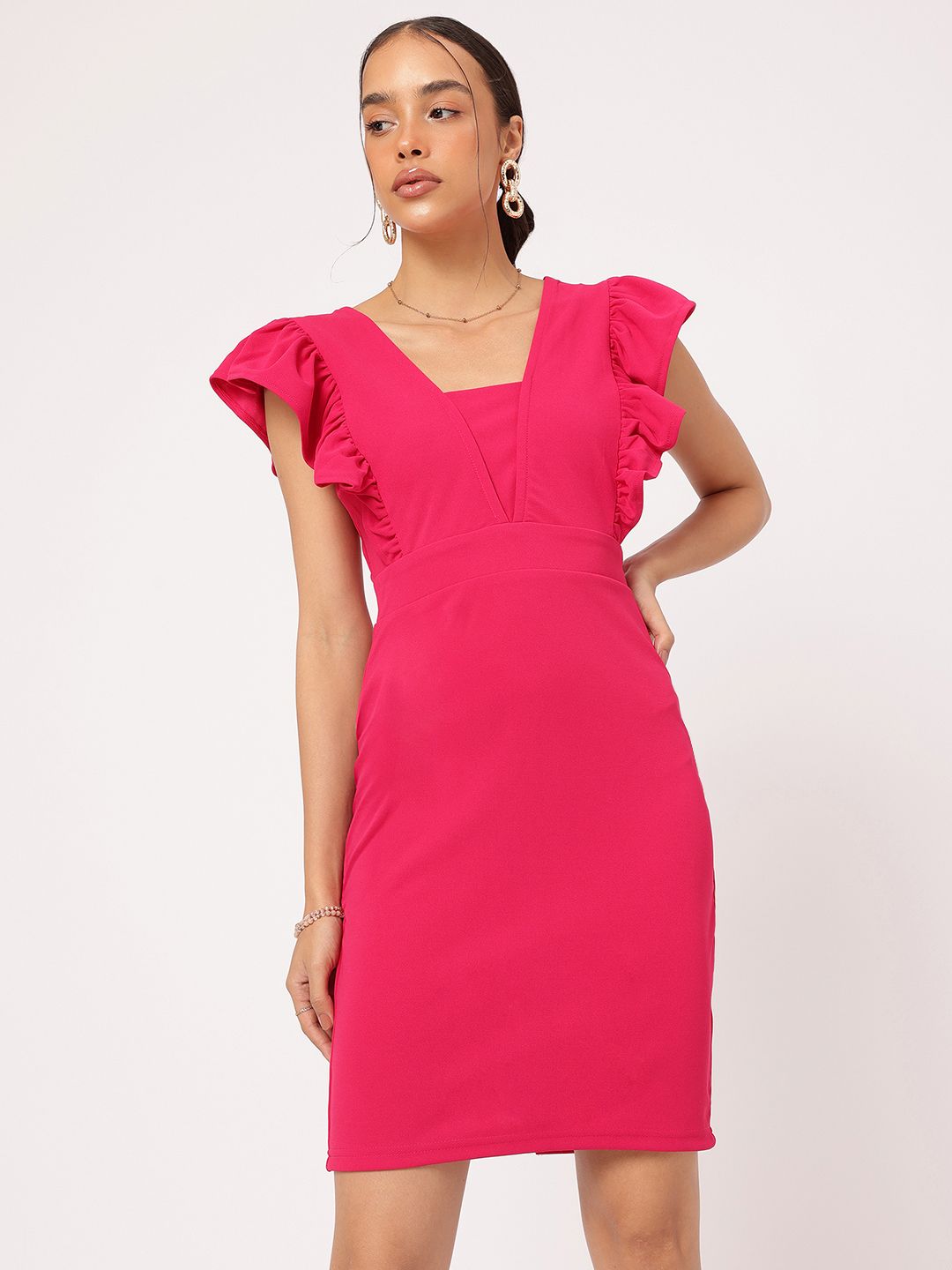 DressBerry Barbiecore Ruffled Sheath Mini Dress With Slit