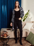 Berrylush Black & White Geometric Printed Hooded Longline Front Open Sweater