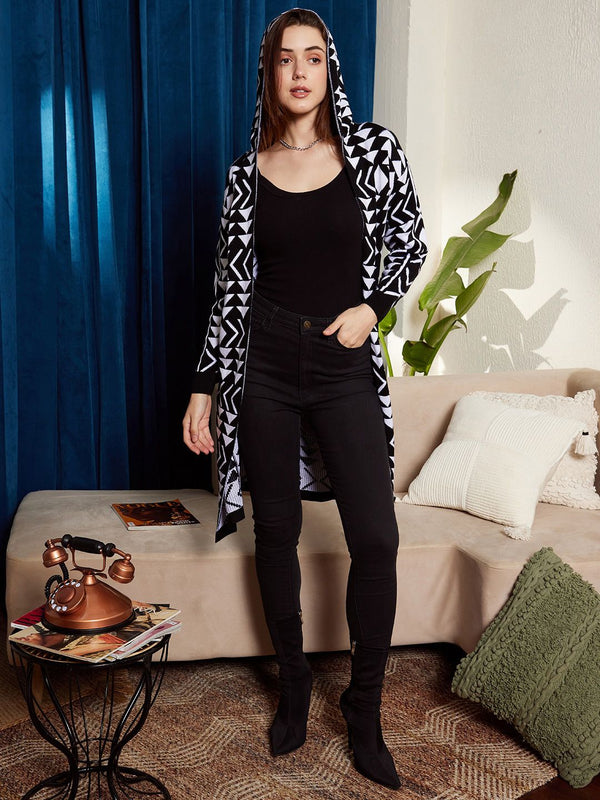 Berrylush Black & White Geometric Printed Hooded Longline Front Open Sweater
