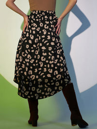 Berrylush Black Animal Printed A-Line Midi Skirt