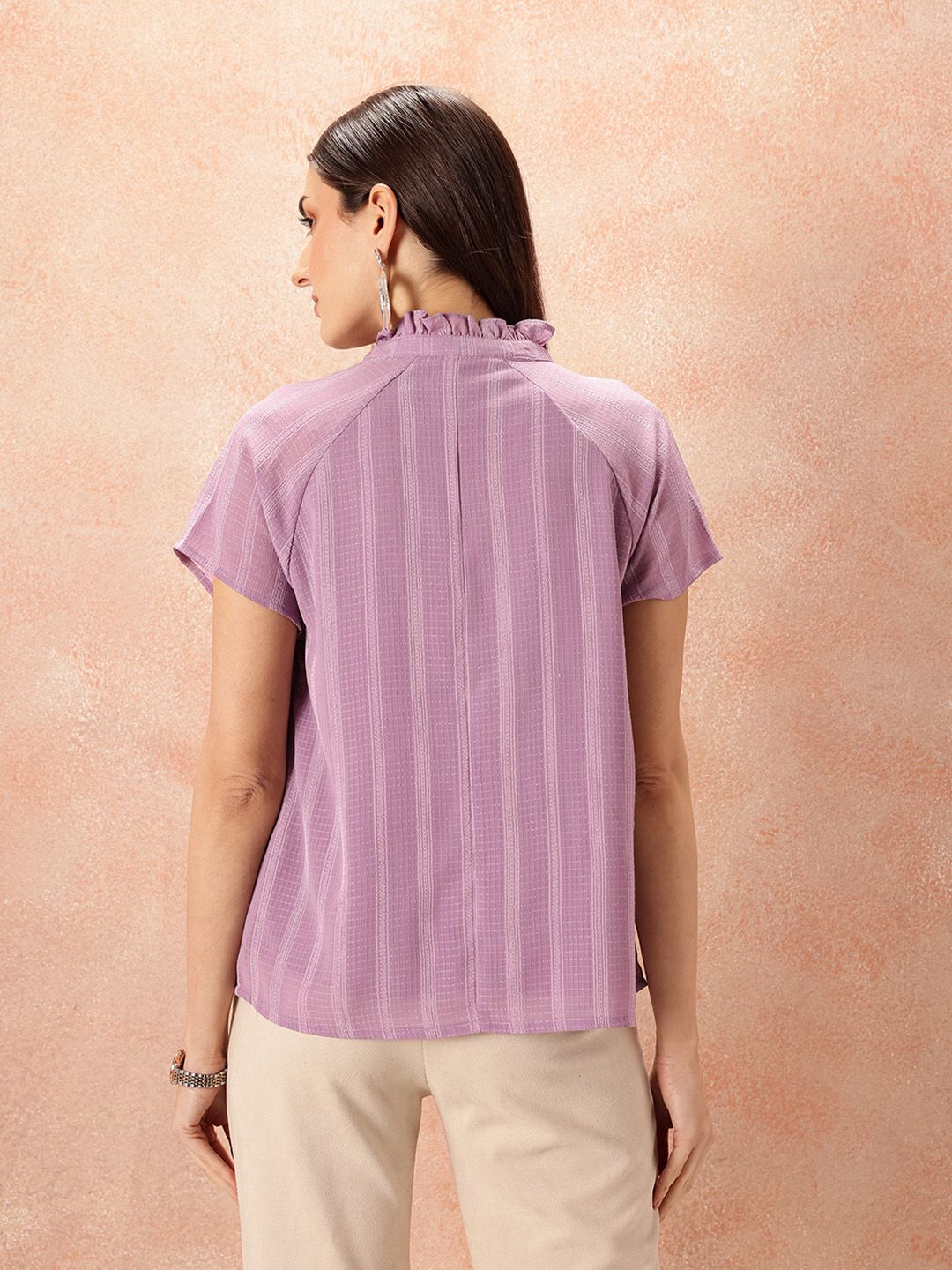 all about you Tie-Up Neck Ruffled Self - Striped Top