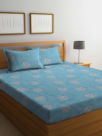 KLOTTHE Blue & White Floral Pure Cotton 400 TC Double Bedsheet With 2 Pillow Covers
