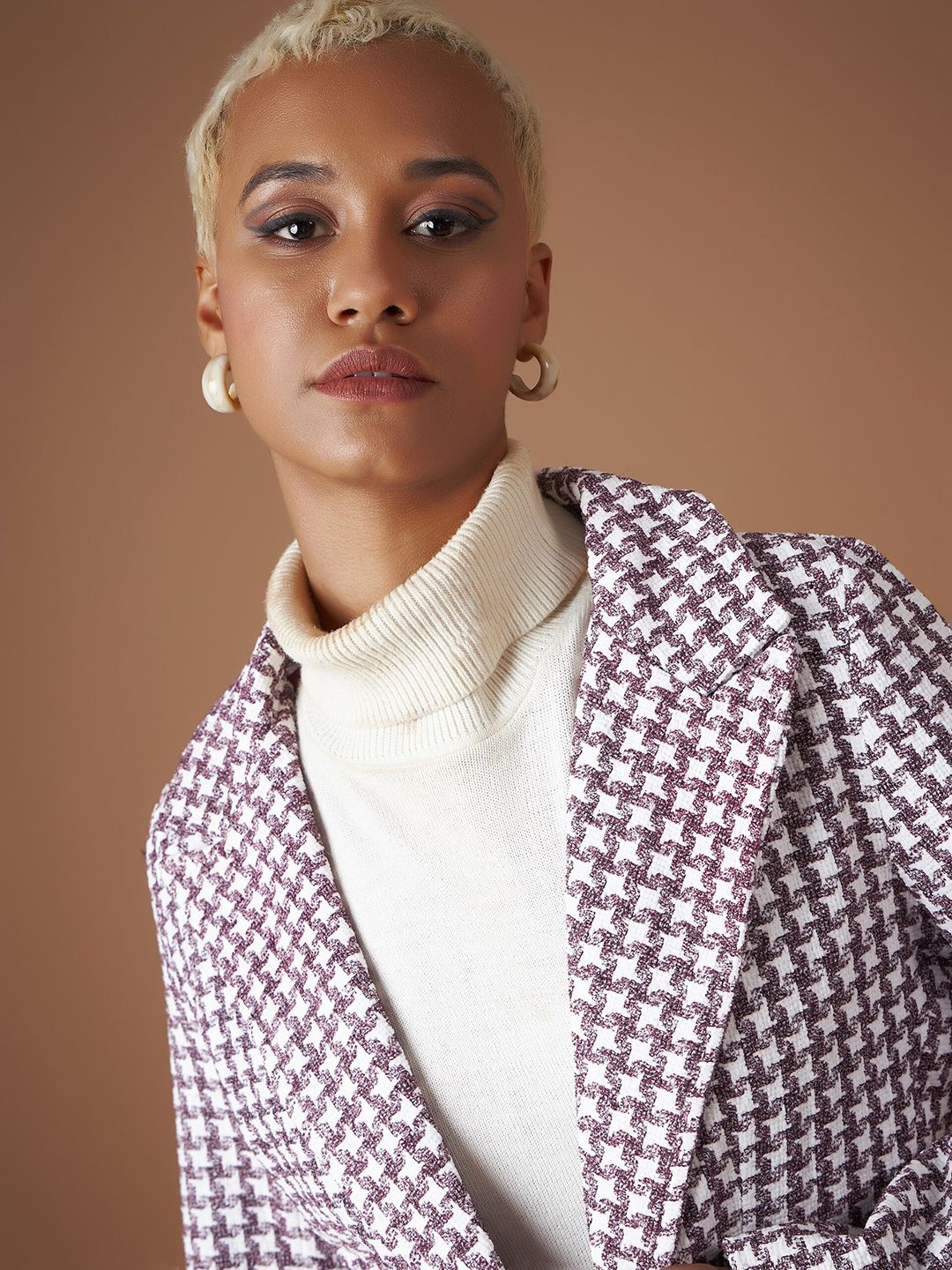 SASSAFRAS Burgundy Jacquard Tweed Peaked Lapel Long Sleeves Double-Breasted Casual Blazer