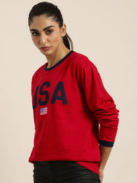 DILLINGER Women Red Typography Printed Loose T-shirt