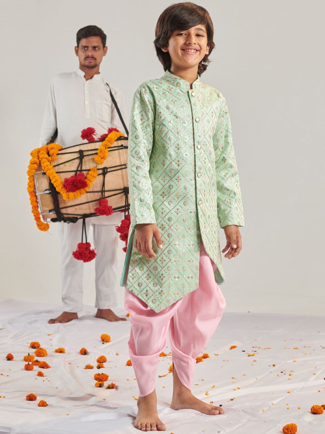 pspeaches Boys Ethnic Motifs Embroidered Regular Thread Work Kurta with Dhoti Pants