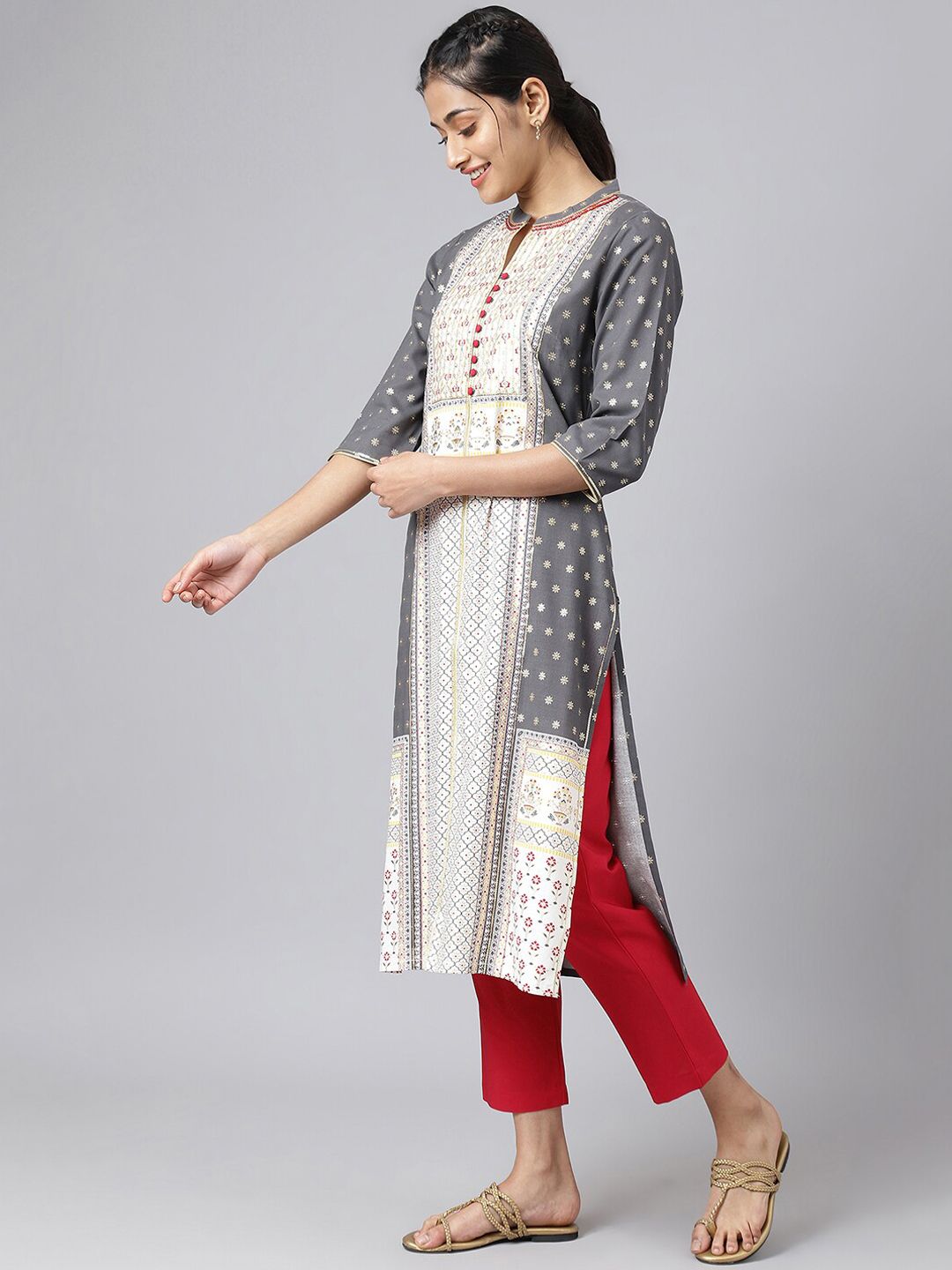 Aurelia Women Grey Floral Print Viscose Kurta Set with Trousers & Dupatta