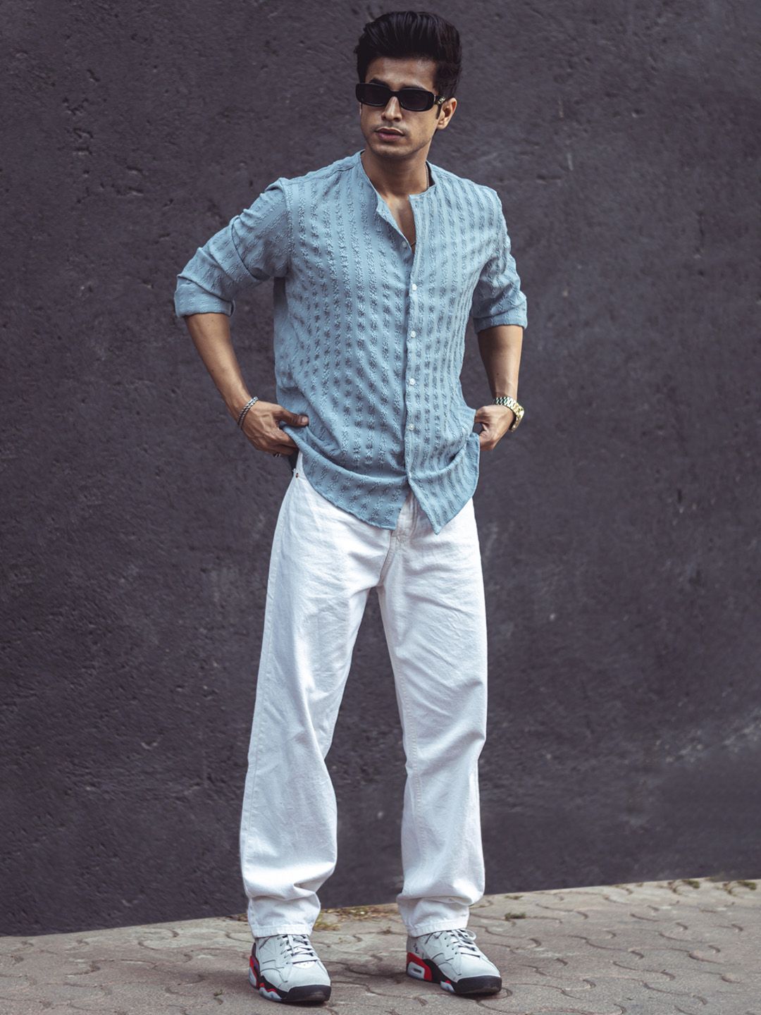 Powerlook Grey Mandarin Collar Opaque Knitted Casual Shirt