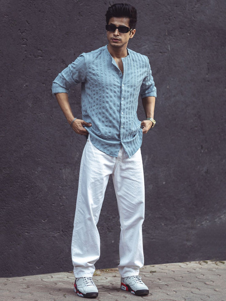Powerlook Grey Mandarin Collar Opaque Knitted Casual Shirt