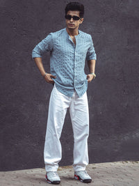 Powerlook Grey Mandarin Collar Opaque Knitted Casual Shirt
