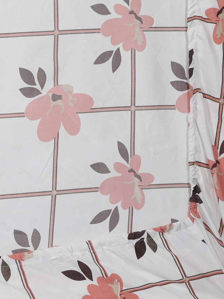 KLOTTHE White Floral Cotton 300 TC Fitted Single Fine Bedsheet with a Pillow Cover-59 x 89 inches