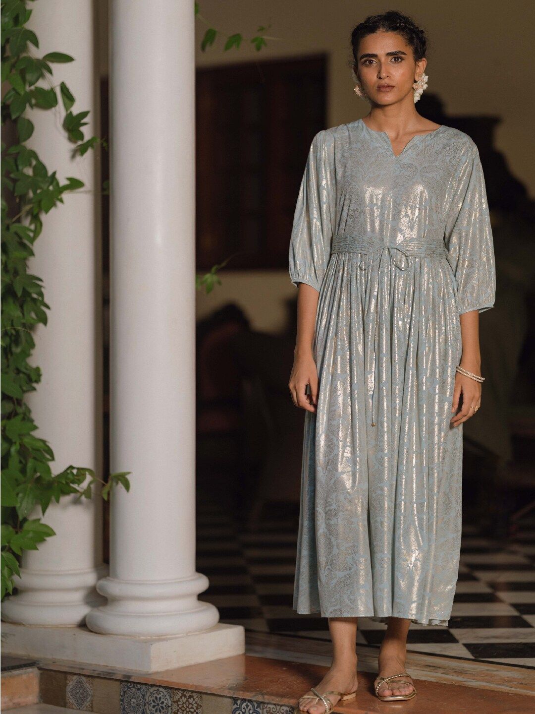 W Blue Striped Ethnic A-Line Maxi Dress