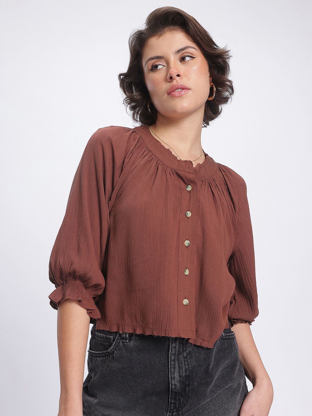 DressBerry Unfinished Business Raw Edges Shirt-Style Top