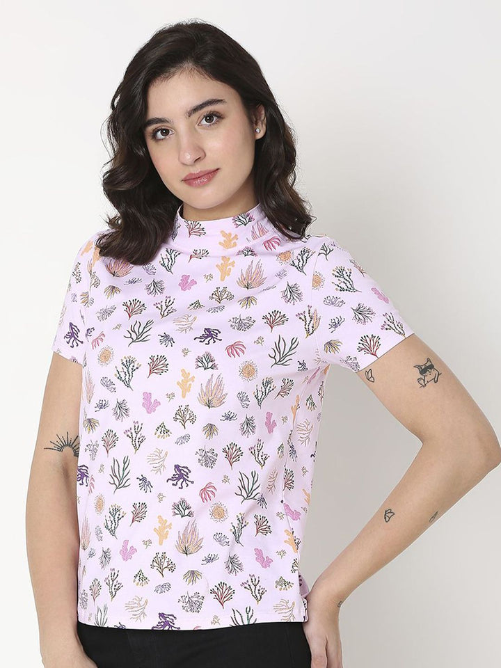 SPYKAR Women Conversational Printed High Neck T-shirt