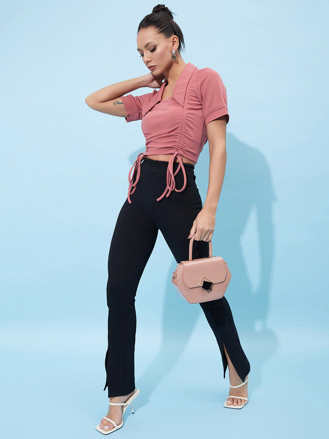 Athena Ruched Tie-Up With Collar Crop Top