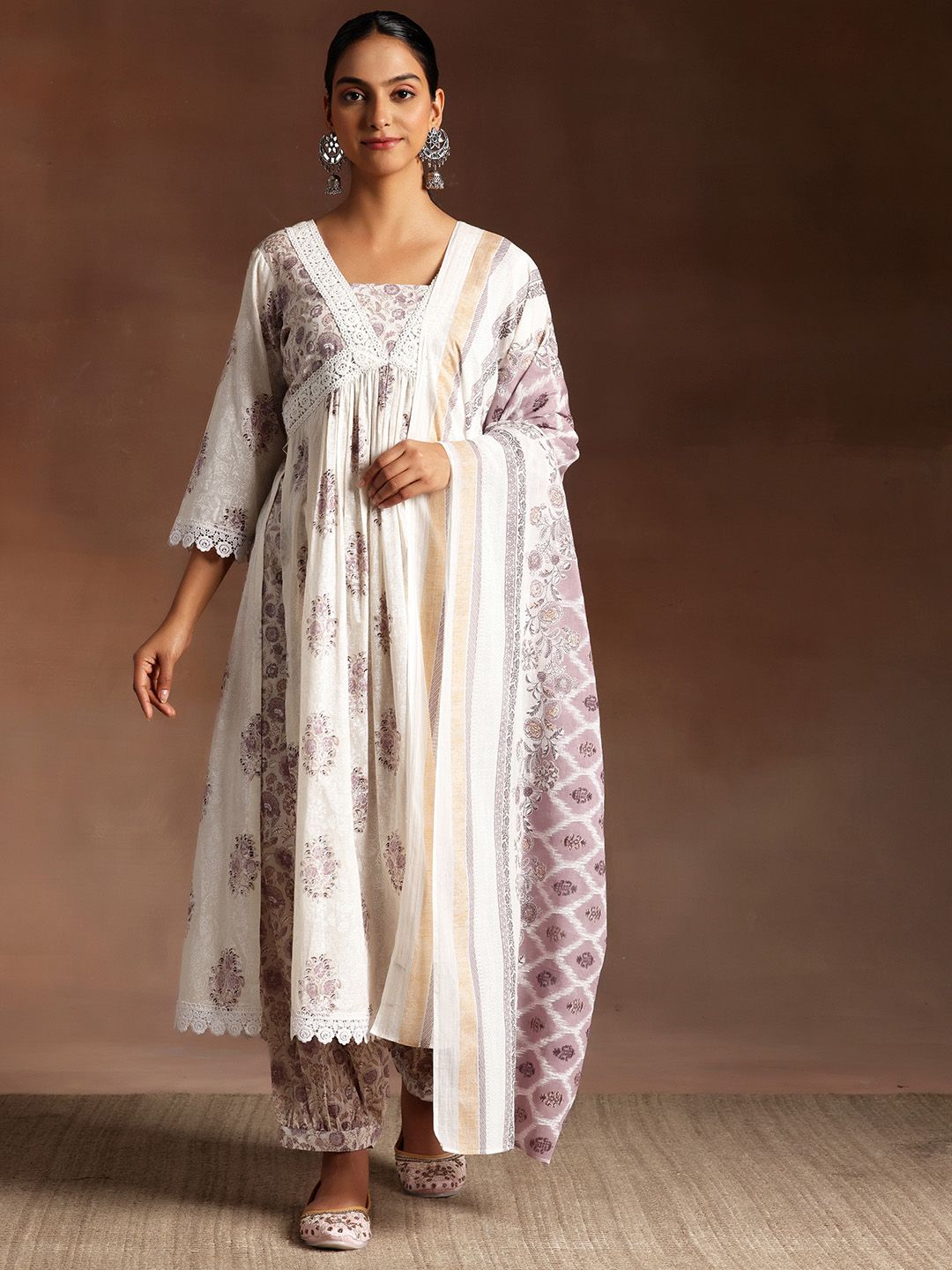 Libas Women Floral Printed Thread Work Pure Cotton Kurta with Salwar & With Dupatta
