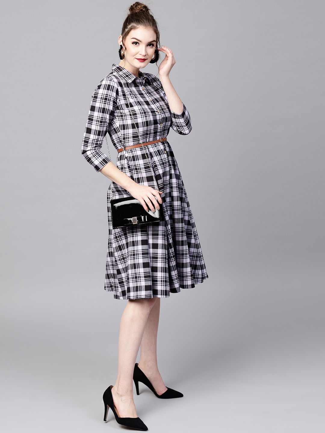SASSAFRAS Women Black & Lavender Checked Shirt Dress
