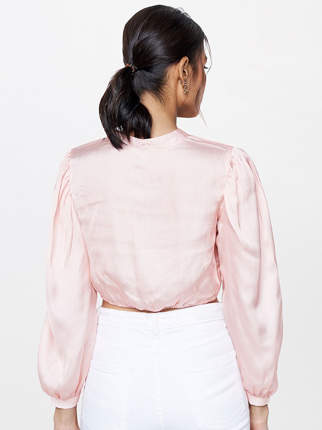AND Floral Printed Mandarin Collar Cuffed Sleeves Twisted Detail Shirt Style Crop Top