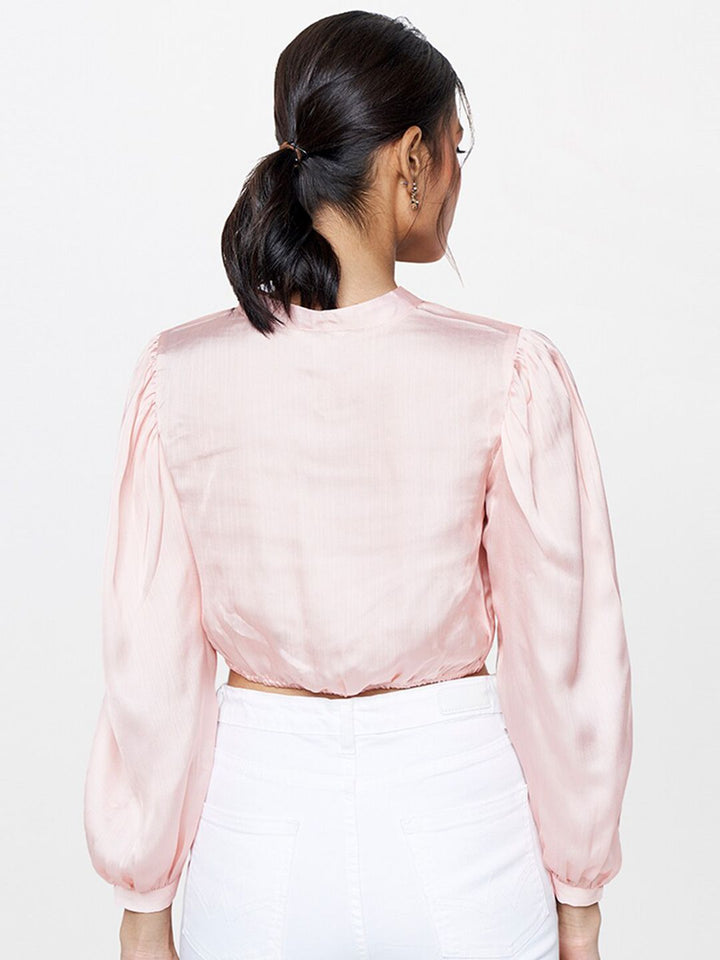 AND Floral Printed Mandarin Collar Cuffed Sleeves Twisted Detail Shirt Style Crop Top