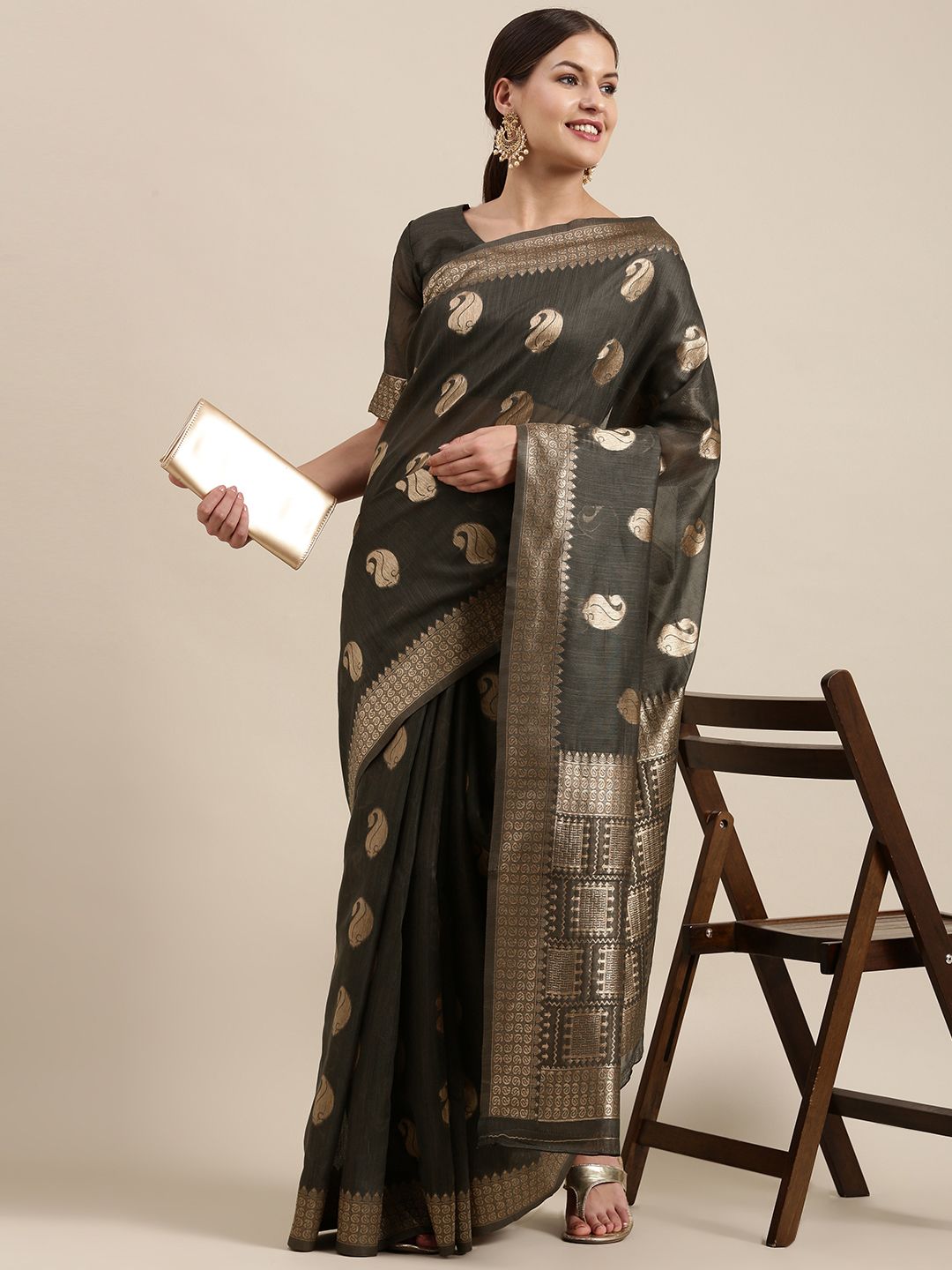 Saree mall Charcoal & Gold-Toned Paisley Linen Blend Sarees