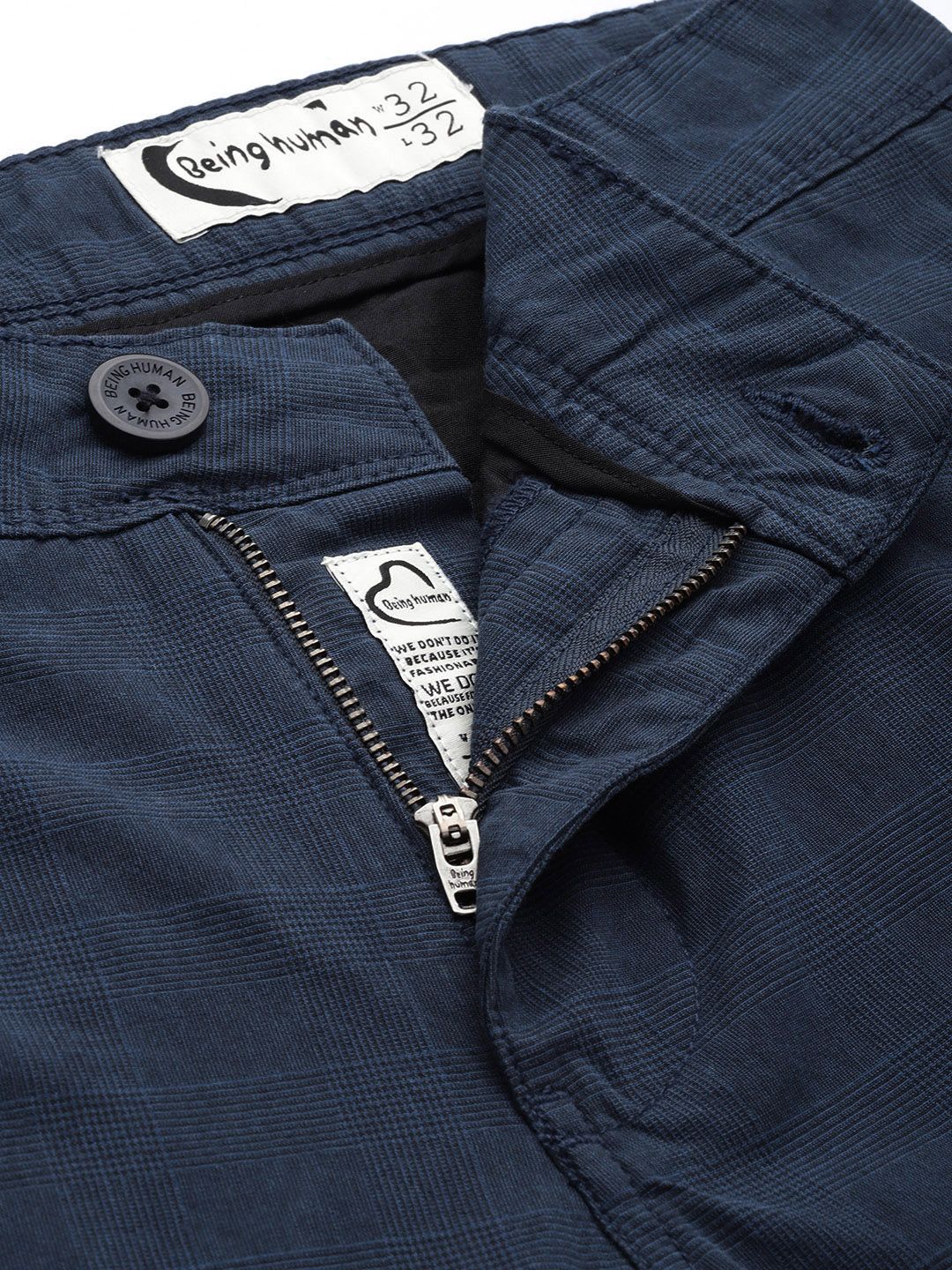 Being Human Men Navy Blue Regular Fit Checked Chinos