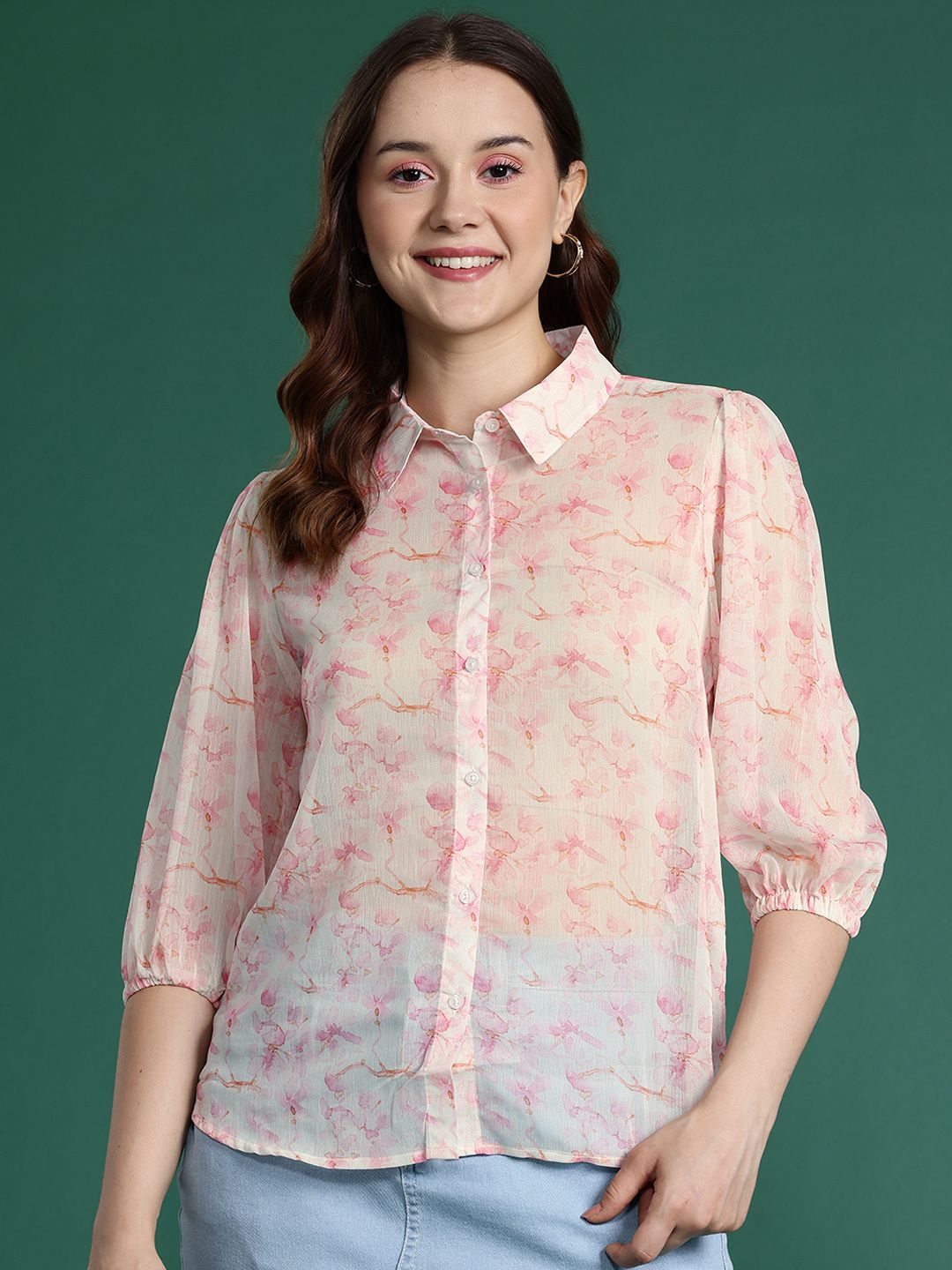 DressBerry Floral Print Semi Sheer Shirt
