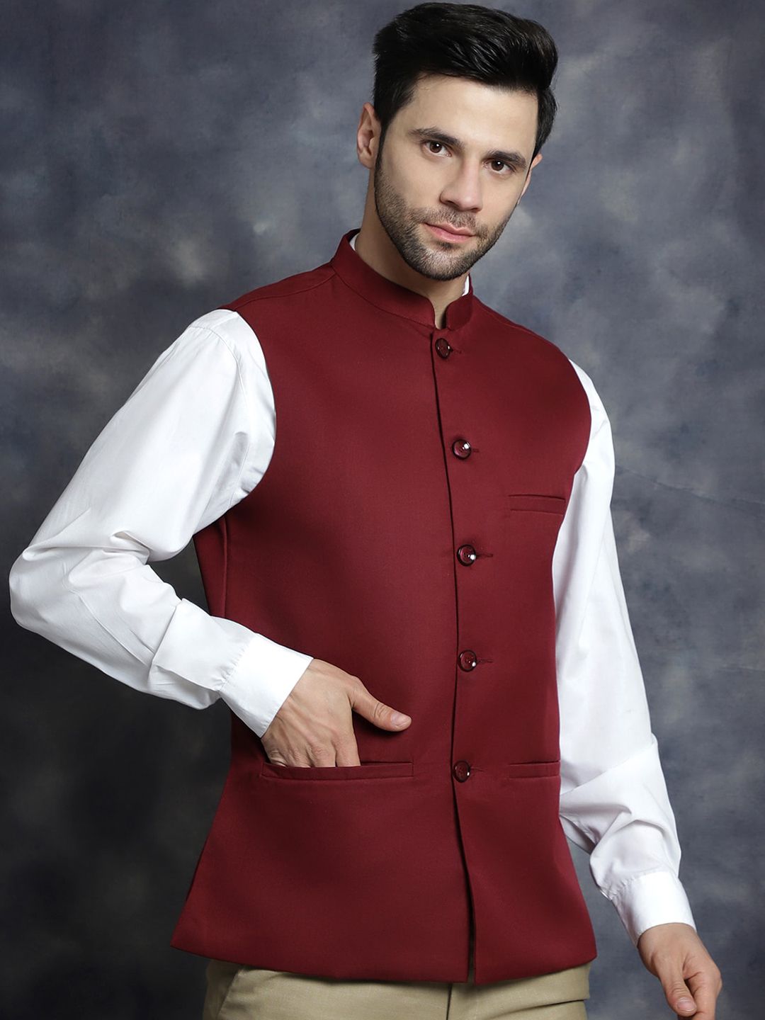 Anouk Maroon Mandarin Collar Woven Nehru Jacket