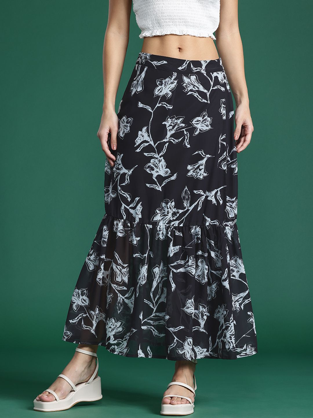 DressBerry Floral Print Slit Midi Skirt