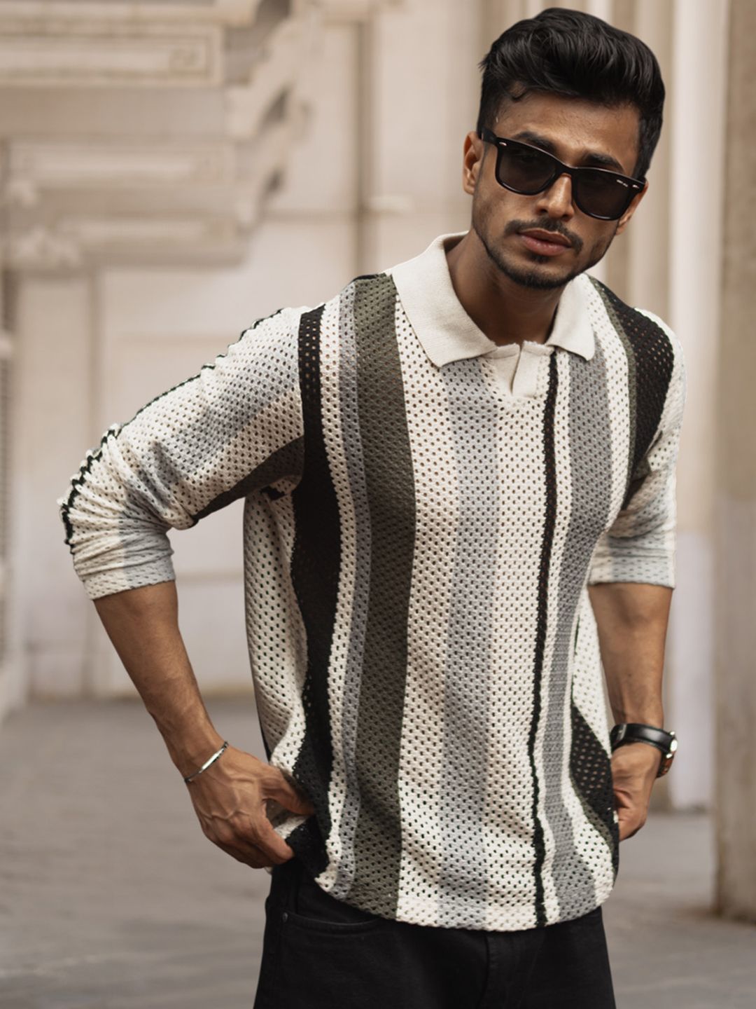 Powerlook Men Striped Printed Polo Collar Acrylic T-shirt