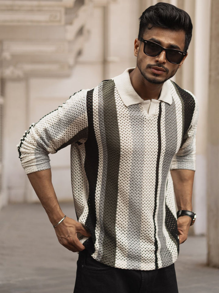 Powerlook Men Striped Printed Polo Collar Acrylic T-shirt