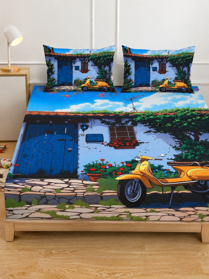 Myntra Elegant Homes Biru & Hijau 400 TC Cadar Katil King dengan 2 Sarung Bantal