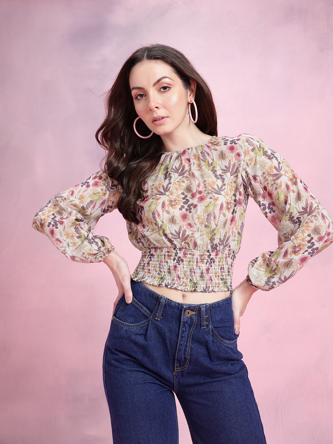 DressBerry Floral Print Cuffed Sleeves Smocked Detail