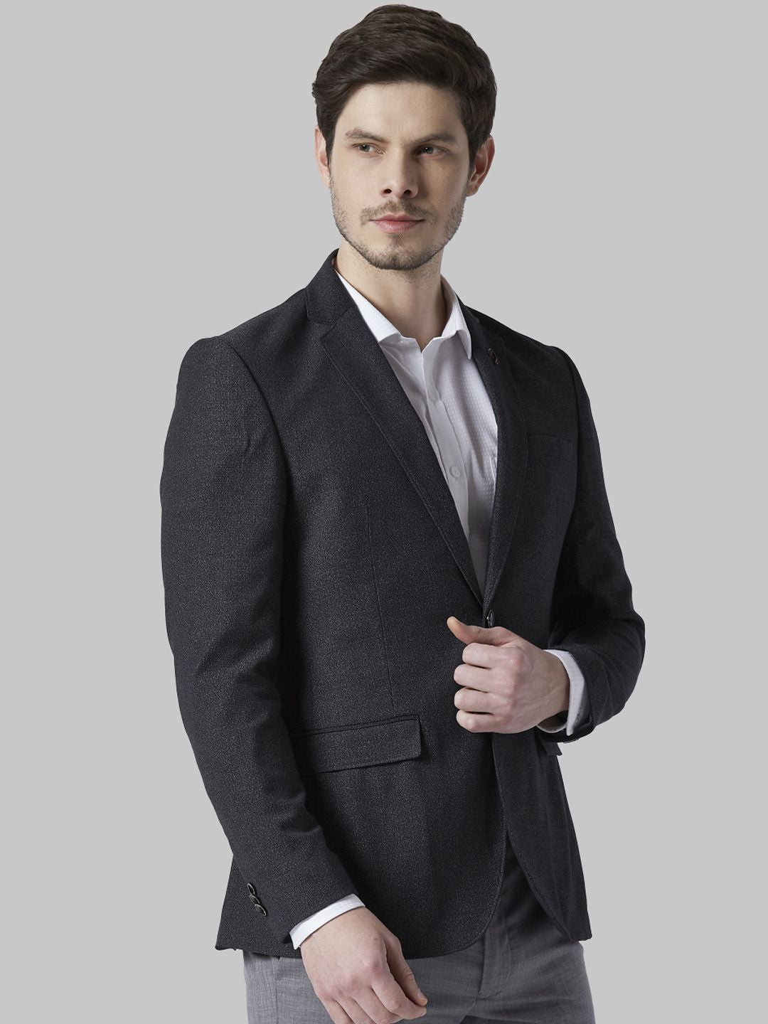 Park Avenue Men Charcoal Grey Solid Single Breasted Formal Blazer