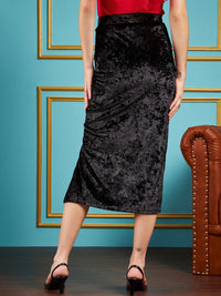 SASSAFRAS Velvet Front Button Pencil Midi Skirt