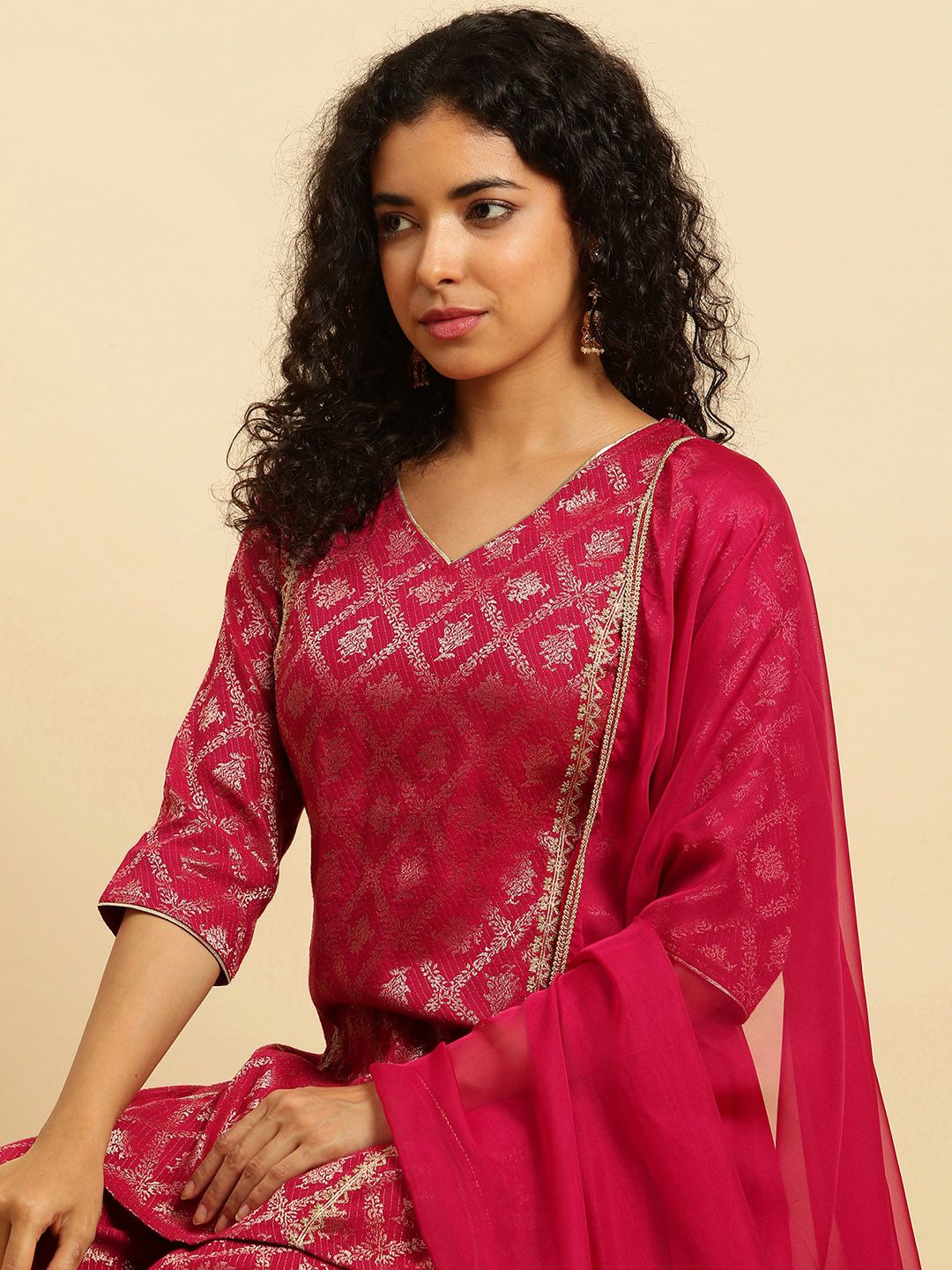 W Festive Striped Print Rayon Kurta With Flared Pant & Dupatta