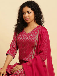 W Festive Striped Print Rayon Kurta With Flared Pant & Dupatta