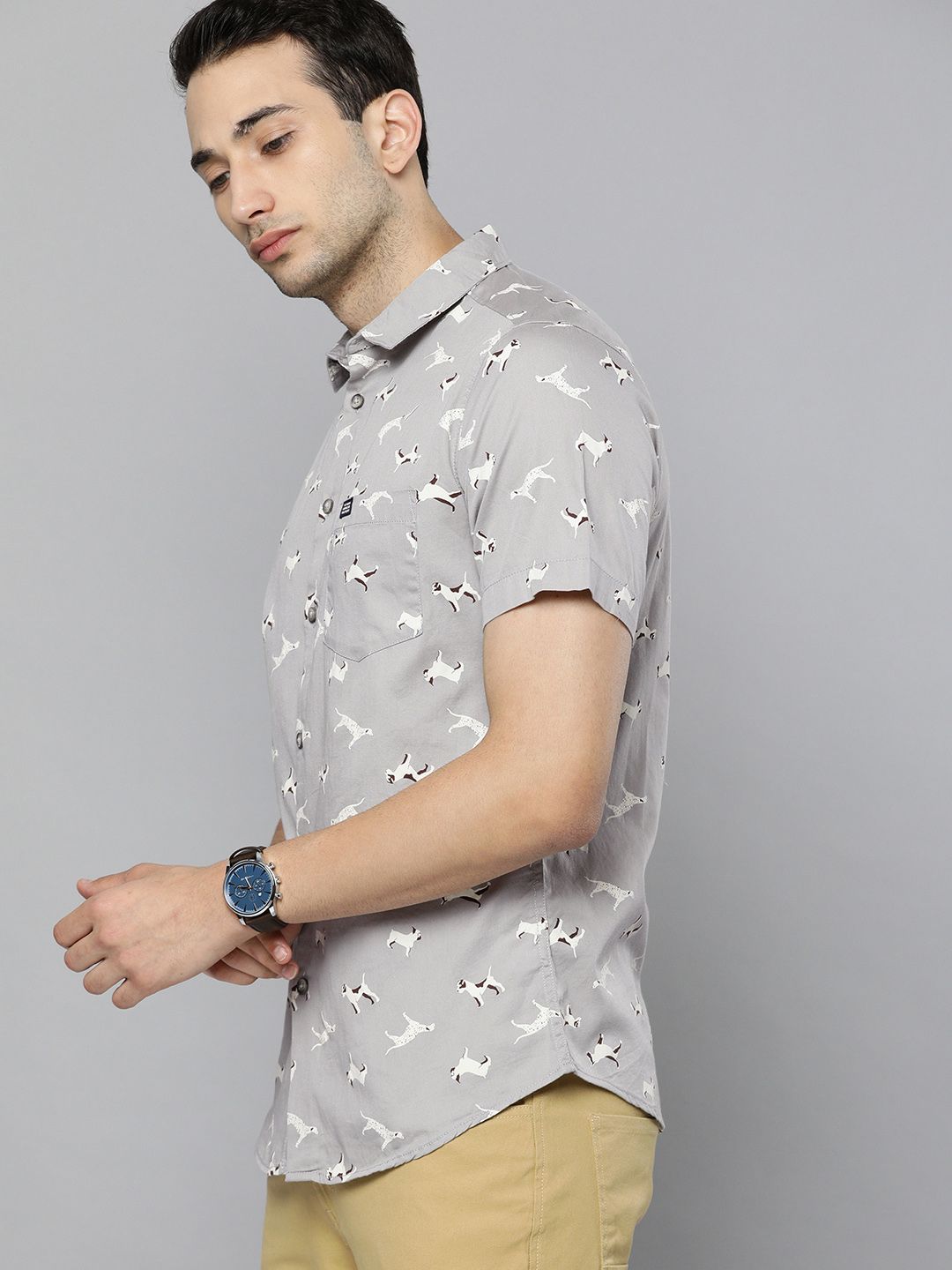 The Indian Garage Co Men Grey Slim Fit Printed Casual Shirt