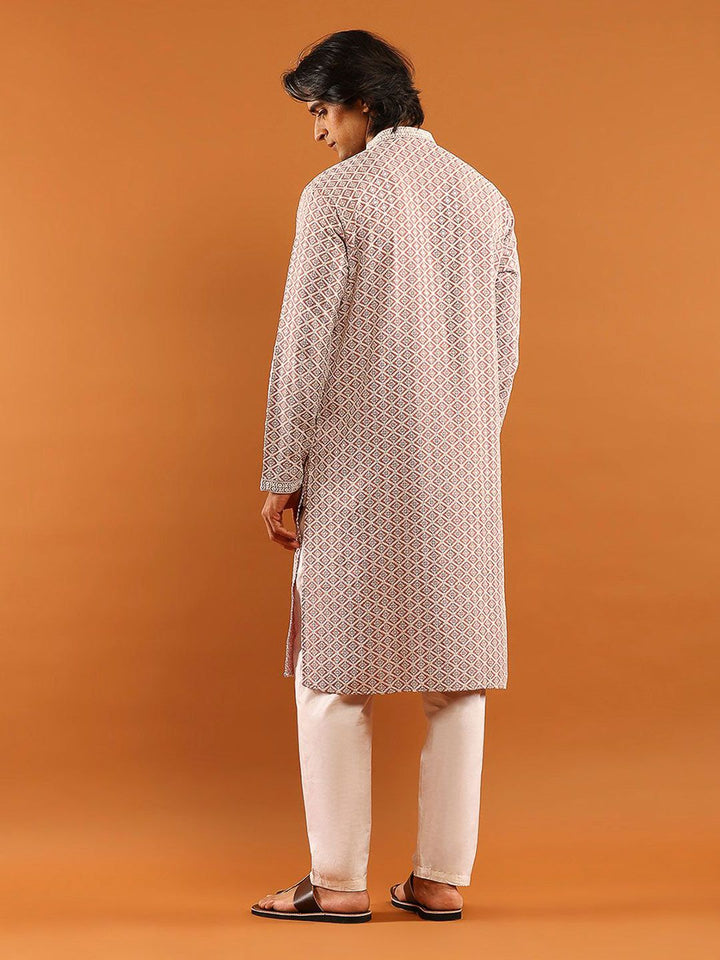 House of Chikankari Men Dusty Pink Rayon Embroidered Kurta