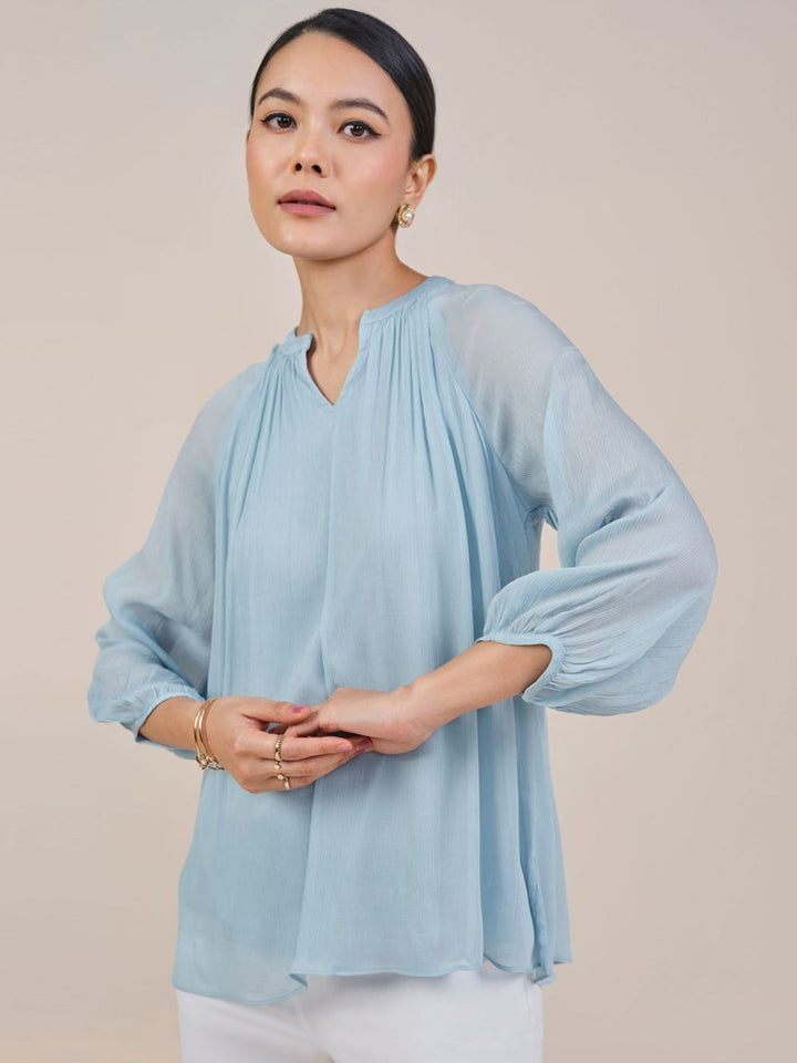 AND Women Solid Puff Sleeves Mandarin Collar Top