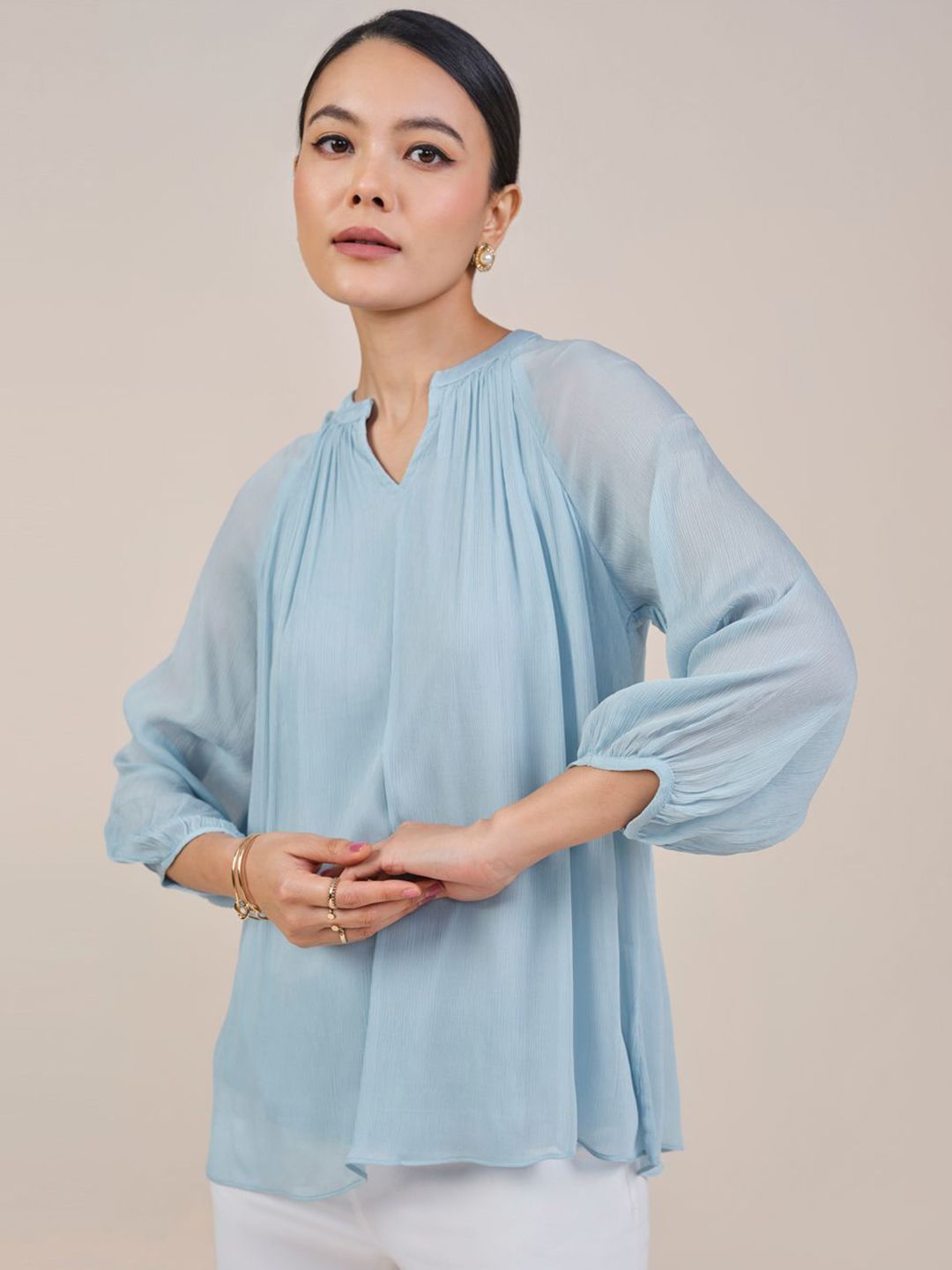 AND Women Solid Puff Sleeves Mandarin Collar Top