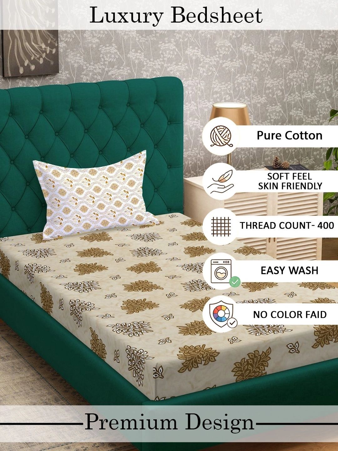Myntra Elegant Homes Yellow Floral 400 TC Single Bedsheet with 1 Pillow Covers
