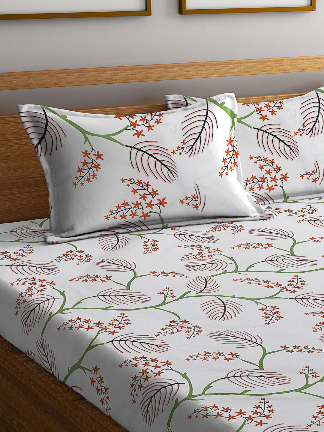 KLOTTHE White & Brown Printed 300 TC Fitted Double Bed Bedsheet With 2 Pillow Covers