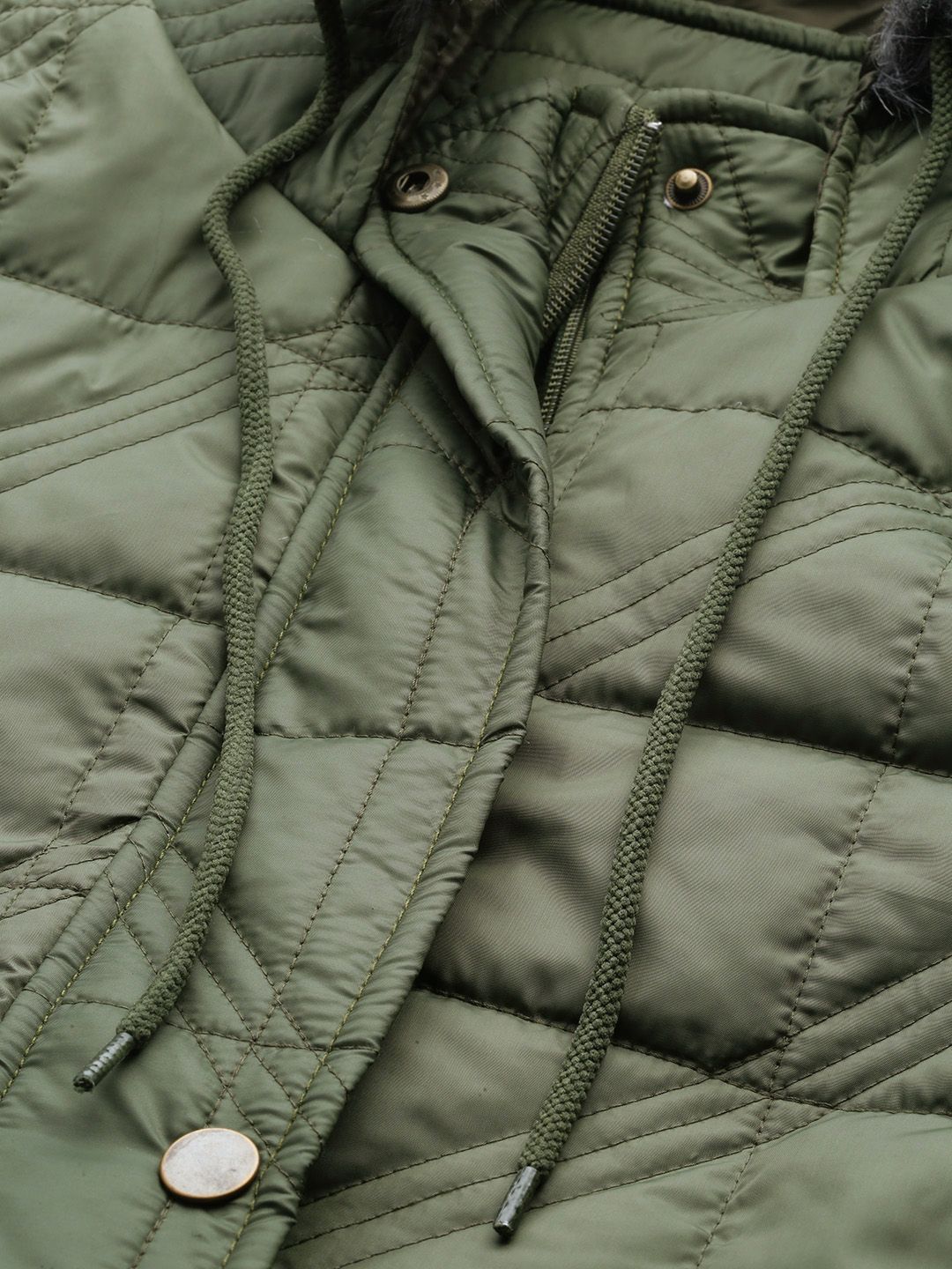 DressBerry Women Olive Green Self Design Quilted Jacket