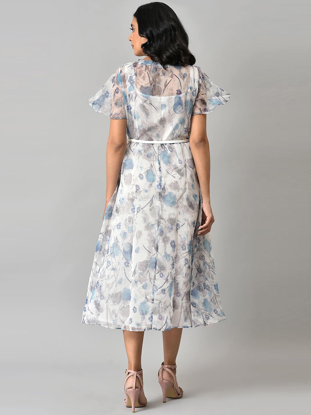 W Women Off- White & Grey Abstract Printed A-Line Ethnic Dress