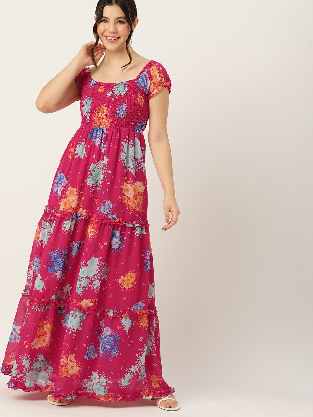 DressBerry Floral Print Smocked Tiered Maxi Dress