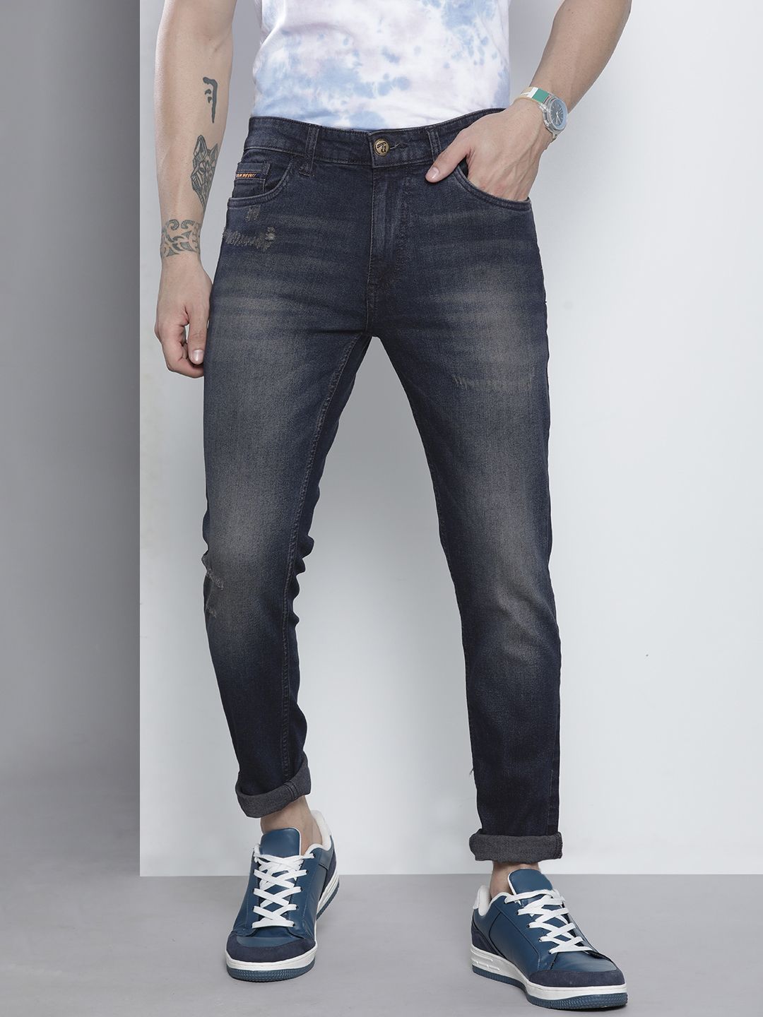 The Indian Garage Co Men Navy Blue Slim Fit Light Fade Stretchable Jeans