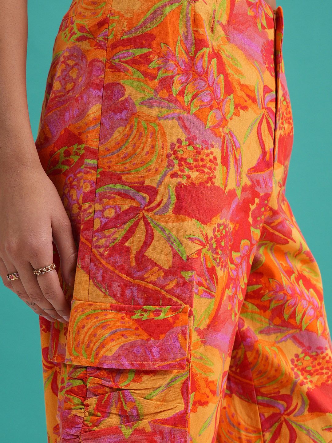 Tokyo Talkies Women Orange Floral Printed Cotton Mid-Rise Joggers Trouser