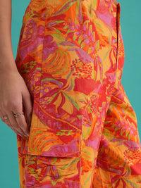 Tokyo Talkies Women Orange Floral Printed Cotton Mid-Rise Joggers Trouser