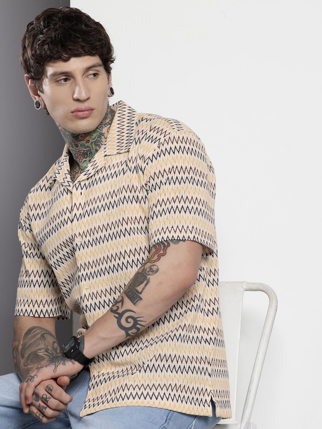 The Indian Garage Co Men Relaxed Fit Textured Lace Crochet Resort Wear Shirt