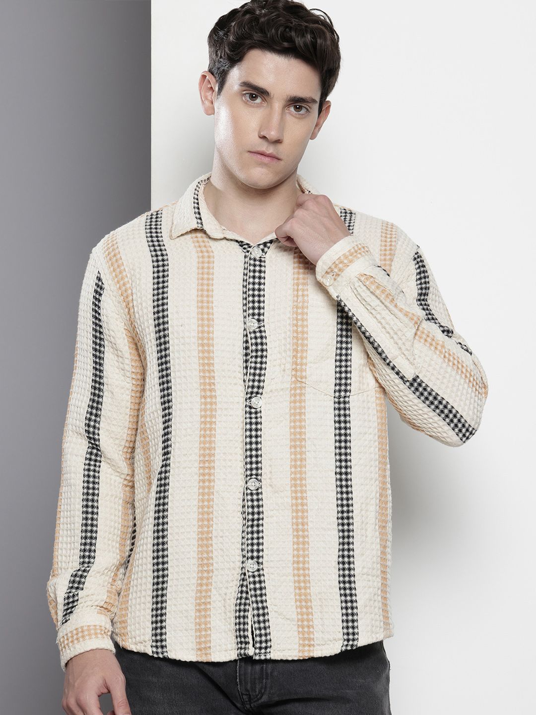 The Indian Garage Co Textured & Striped Pure Cotton Relaxed Fit Casual Shirt